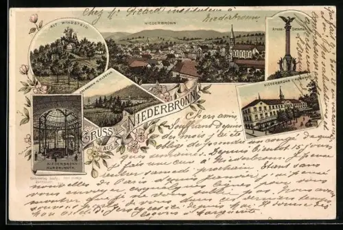 Lithographie Niederbronn, Restaurant und Kurhaus, Kurbrunnen, Alt-Windstein