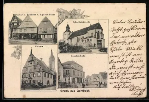 AK Dambach, Restaurant zum Rebstock v. Alphons Müller, Sebastiankapelle, Rathaus