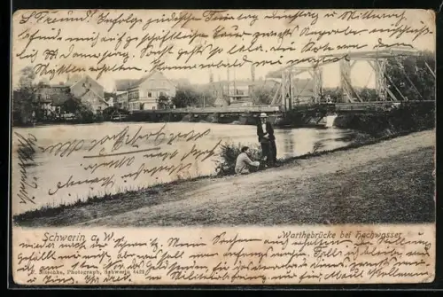 AK Schwerin a. W., Warthebrücke bei Hochwasser