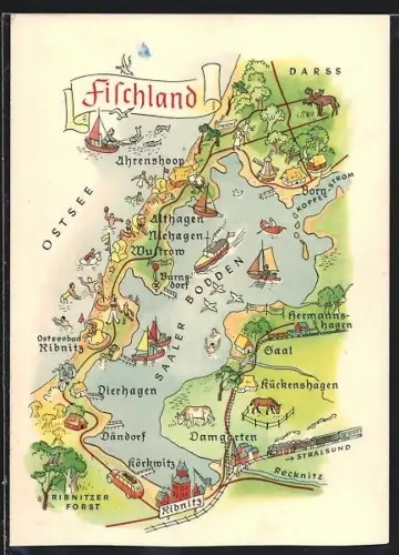 AK Ahrenshoop /Fischland, Karte der Umgebung mit Saaler Bodden und Ostsee