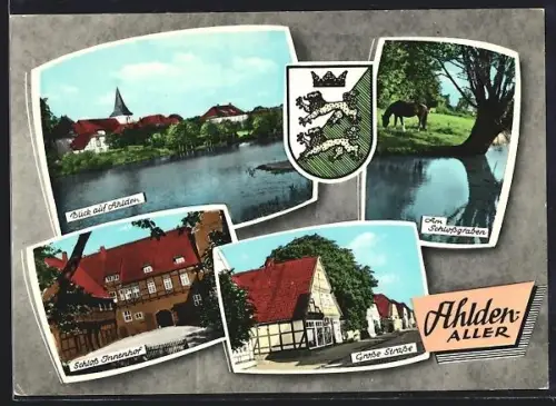 AK Ahlden /Aller, Schlossgarten und Innenhof, Grosse Strasse und Blick auf Ahlden