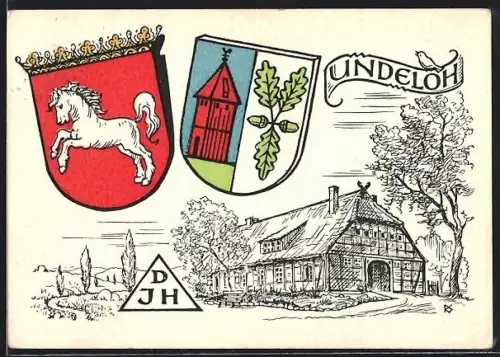 Künstler-AK Undeloh /Harburg, Jugendherberge, Träger: Heim und Werk, Wappen