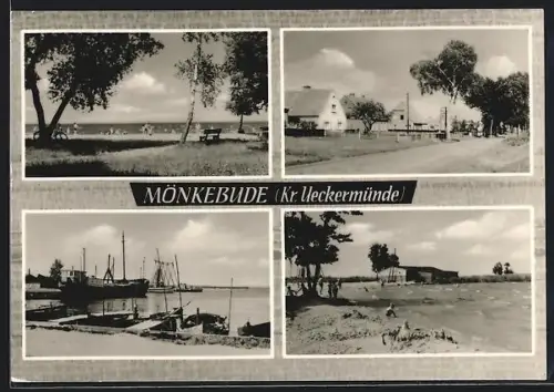 AK Mönkebude, Badespass am Badestrand, Strassenpartie, Hafenpartie, Uferpartie
