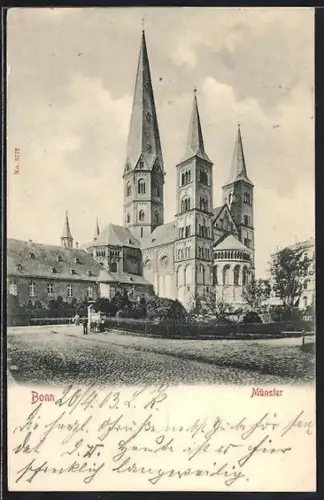 AK Bonn, Münsterbasilika mit Strassenpartie