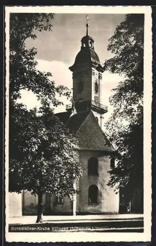 AK Villingen /Schwarzw., Benediktiner-Kirche mit Bäumen