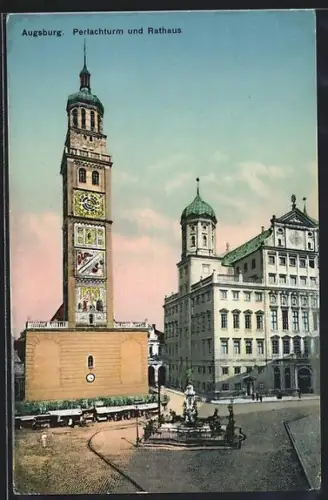 AK Augsburg, Perlachturm und Rathaus mit Strassenpartie