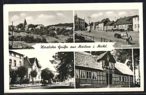 AK Marlow i. Meckl., Marktplatz, Stralsunder Strasse mit Post, Jugendheim