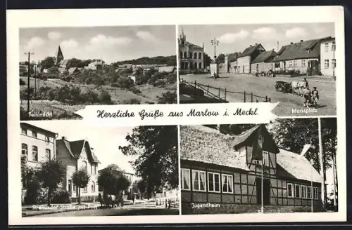 AK Marlow i. Meckl., Teilansicht, Marktplatz, Stralsunder Strasse mit Post, Jugendheim