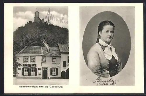 AK Bad Godesberg, Gasthof Aennchen-Haus, Blick zur Godesburg