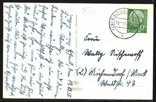 AK Esens /Ostfriesland, Bahnhofstrasse, Am Ehrenmal, Am Markt, Blick zur Kirche