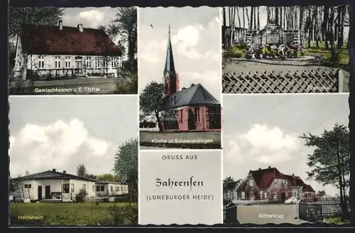AK Zahrensen /Lüneburger Heide, Gemischtwaren v. E. Tödter, Kirche, Ehrenmal, Heideheim, Ritterkrug