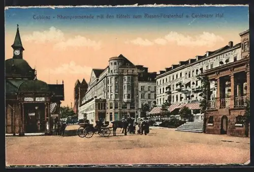 AK Coblenz, Rheinpromenade mit Hotel Riesen-Fürstenhof, Hotel Coblenzer Hof