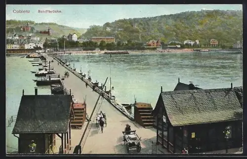 AK Coblenz, Schiffbrücke mit Kutschen