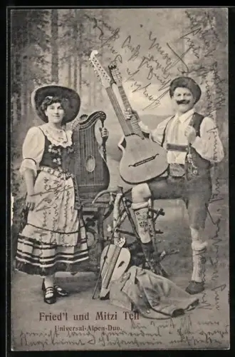 AK Fried`l und Mitzi Tell, Universal Alpen-Duo mit Musikinstrumenten