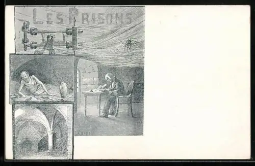 AK Les Prisons, Bogenhalle, Gefangener mit und Ratten, Spinne, Jura
