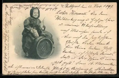 AK Münchner Kindl mit Bierkrug auf Fass