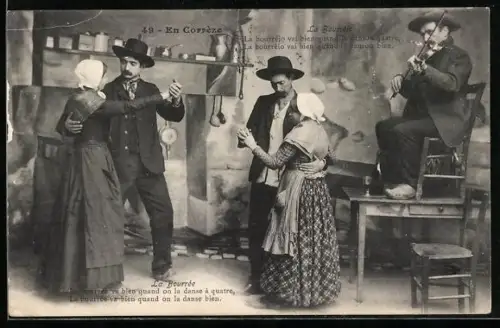 AK En Corrèze, La Bourée, La bourrée va bien..., Volkstanz