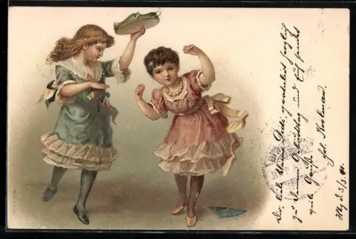 AK Zwei Mädchen mit Tambourin beim Tanzen
