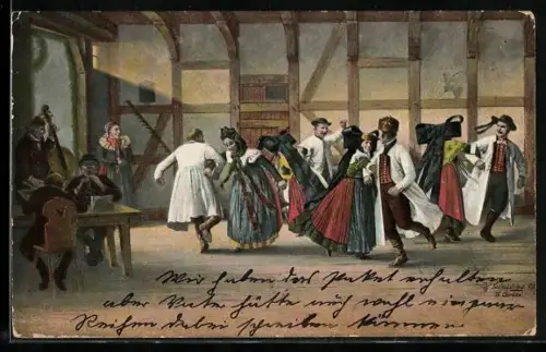 Künstler-AK Schaumburg-Lippe Landestrachten, Nationaltanz genannt Achttourige