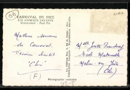AK Nice, Carneval, Les Animaux Savants, Faschingswagen