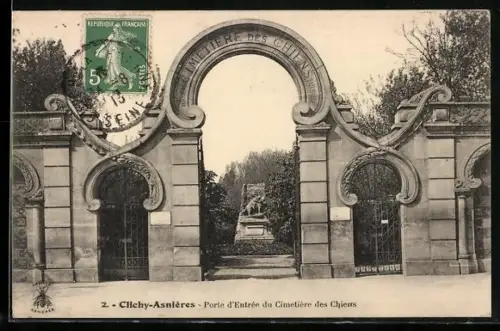 AK Clichy-Asnières, Cimetière des Chiens, Eingang zum Hunde-Friedhof