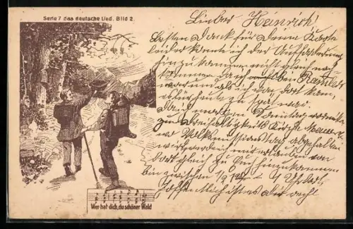 AK Zwei Wandervögel in den Bergen, Wer hat dich, du schöner Wald, Lied mit Noten