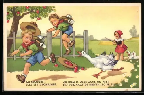 AK Zwei Wandervögel laufen vor einer Gans weg