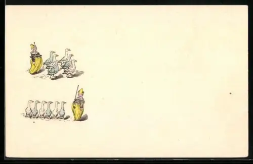 Präge-AK Kleiner Harlekin mit Gänsen