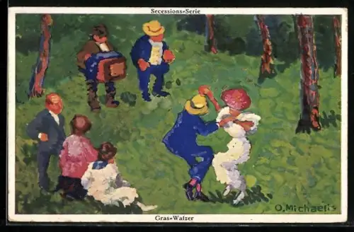 AK Paar im Wald tanzt den Gras-Walzer