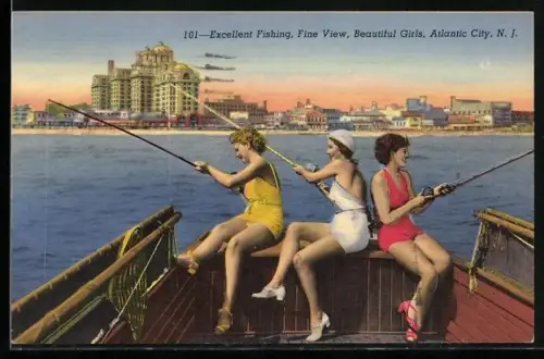 AK Atlantic City, NJ, Three Women in Bathing Suits Fishing