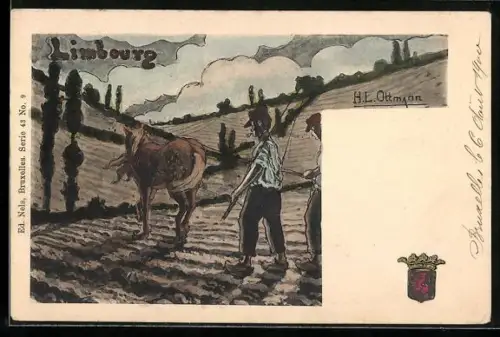 Künstler-AK Limbourg, Bauern bestellen das Feld, Pferd
