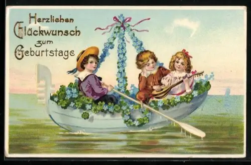Künstler-AK Drei Kinder in einem Ruderboot mit Vergissmeinnicht und Klee