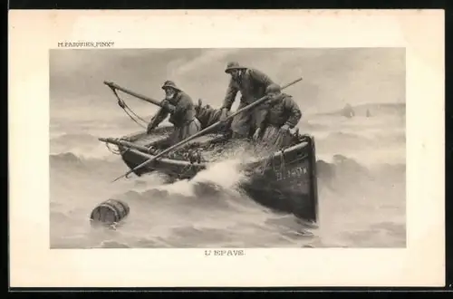 Künstler-AK Fischer bei unruhiger See in ihrem Boot