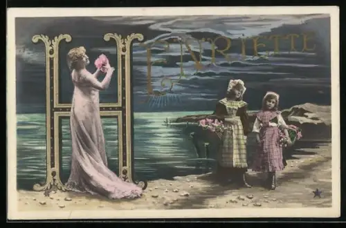 AK Mädchen und Frau mit Blumen am Buchstaben H