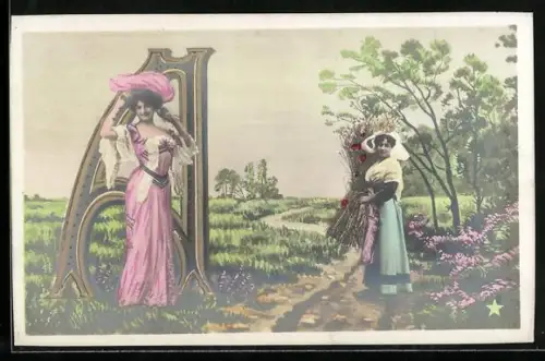 AK Buchstabe A mit zwei Frau auf einem Feldweg