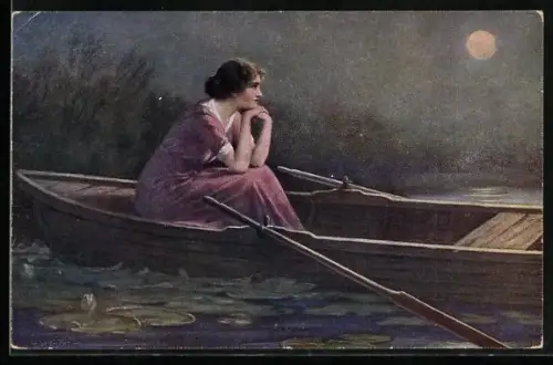 Künstler-AK Kenfor: Frau in einem Ruderboot in stiller Mondnacht