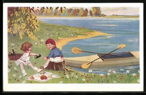 Künstler-AK Zwei Kinder mit einem Ruderboot am Ufer