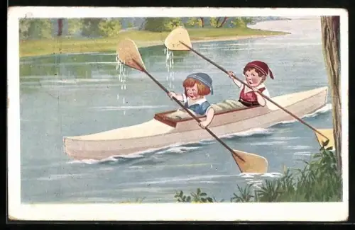 AK Ein Paddelpärchen, Kinder fahren mit einem Kanu