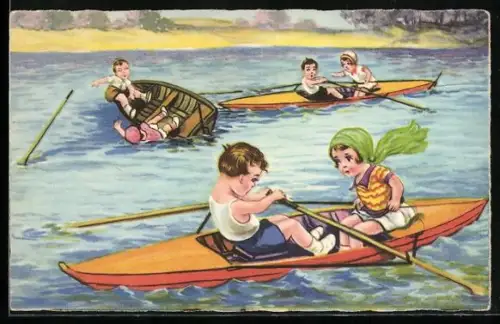 Künstler-AK Ruderboote auf einem See, Zwei Kinder fallen aus ihrem Boot