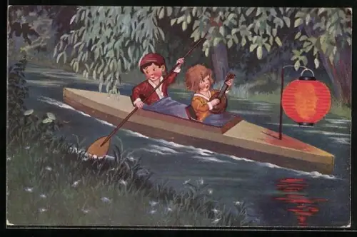 Künstler-AK Zwei Kinder rudern ein idyllisches Bächlein entlang