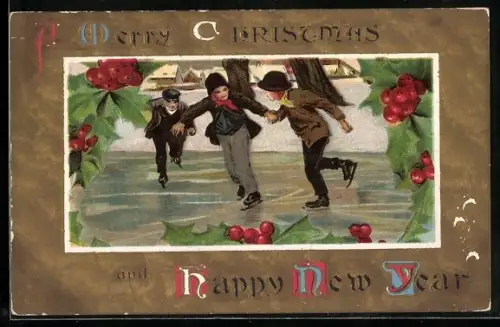 Künstler-AK Kinder beim Schlittschuhlaufen auf einem See