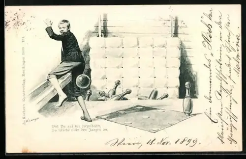 AK Junge rennt vor einem Kegelball weg