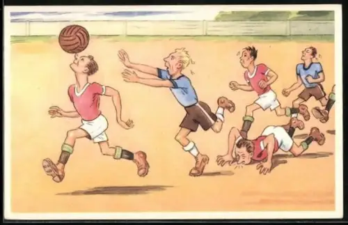 Künstler-AK Fussball-Spieler balanciert den Ball auf seiner Nase