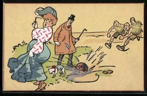 Künstler-AK Ein Fussball fliegt in eine Pfütze und spritzt Wasser auf eine Dame in einen Hund