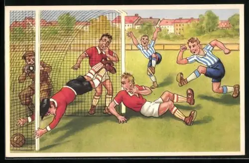 Künstler-AK Torwart schafft es nicht den Ball aufzuhalten