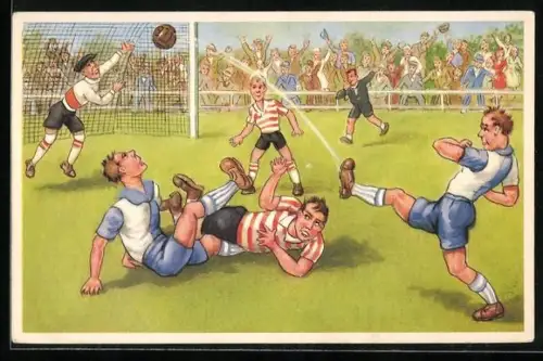 Künstler-AK Spieler der blauen Mannschafft schiesst den Fussball zum Tor