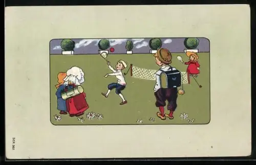 Künstler-AK Kinder beim Tennis-Spiel auf einer Wiese