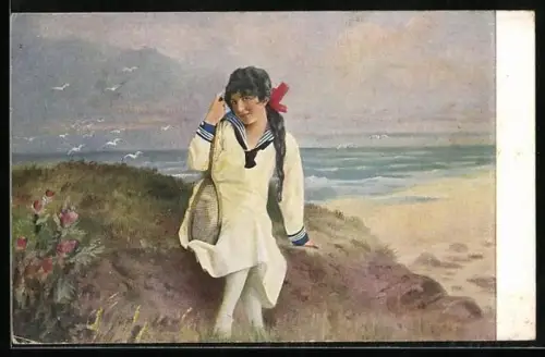 AK Ich harre Dein!, Tennisspielerin am Strand