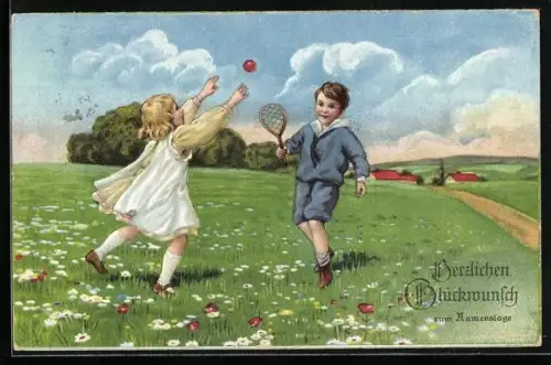 Künstler-AK Zwei Kinder spielen Tennis auf einer Wiese