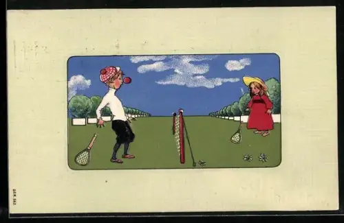 Künstler-AK Der Tennisball trifft einen Jungen fasst im Gesicht